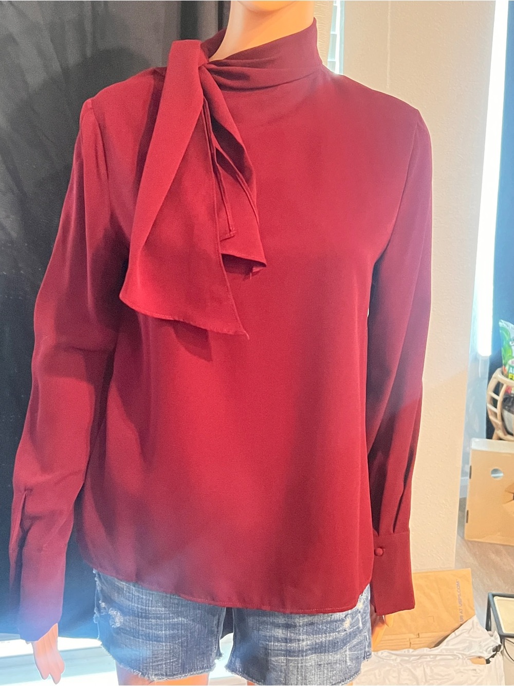Forever 21 Women's Red Long Sleeve Blouse with Neck Tie